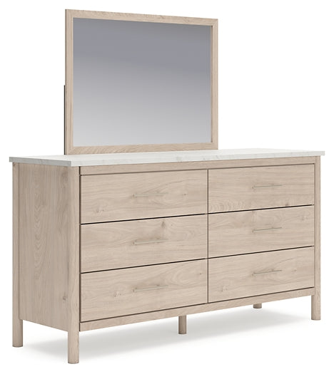 Queen Upholstered Panel Bed with Mirrored Dresser