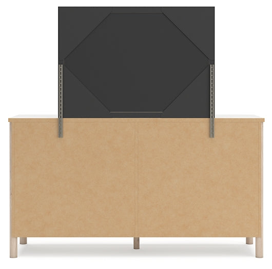 Queen Upholstered Panel Bed with Mirrored Dresser