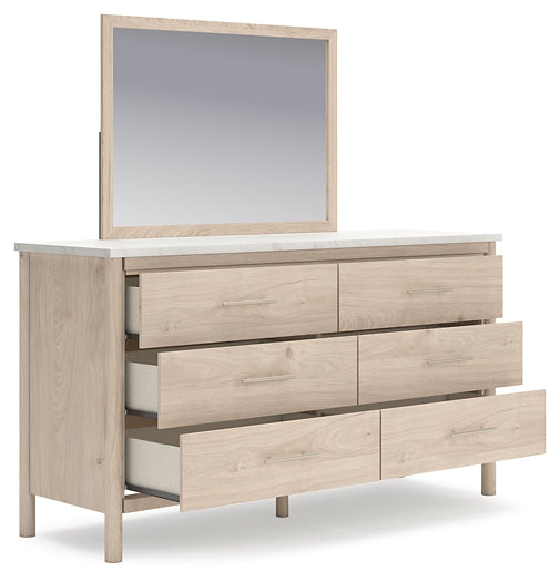 Queen Upholstered Panel Bed with Mirrored Dresser, Chest and Nightstand