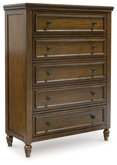 Sturlayne Queen Upholstered Panel Bed with Mirrored Dresser and Chest