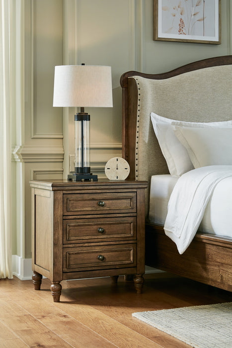 Sturlayne Queen Upholstered Panel Bed with Mirrored Dresser, Chest and Nightstand