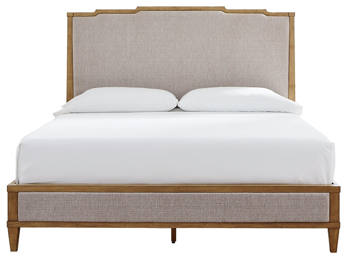 Sharlance Queen Upholstered Panel Bed with Mirrored Dresser and Nightstand