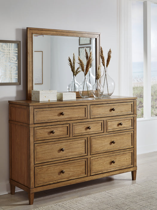 Sharlance Queen Upholstered Panel Bed with Mirrored Dresser and Nightstand