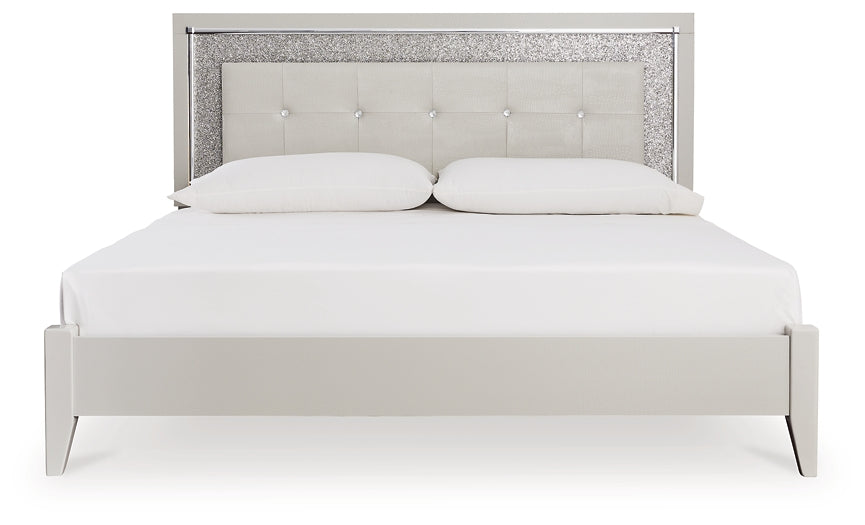 Zyniden King Upholstered Panel Bed with Mirrored Dresser and Nightstand