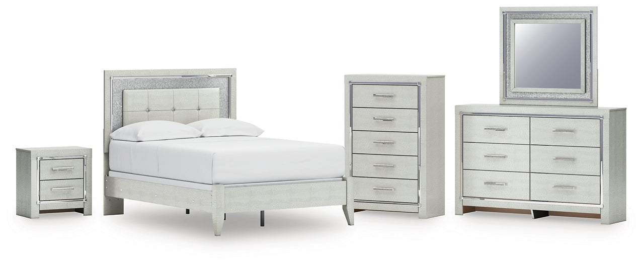 Zyniden Full Upholstered Panel Bed with Mirrored Dresser, Chest and Nightstand