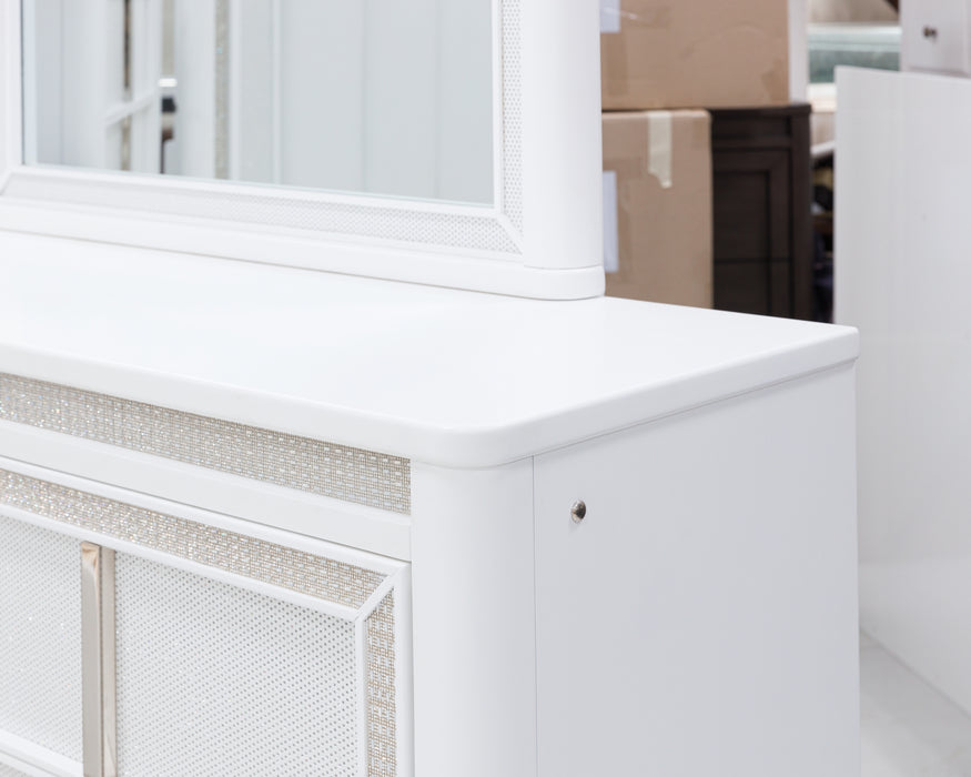 Chalanna Queen Upholstered Storage Bed with Mirrored Dresser, Chest and Nightstand