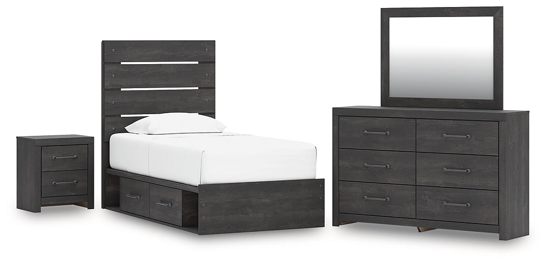 Hollivern Twin Panel Storage Bed with Mirrored Dresser and Nightstand