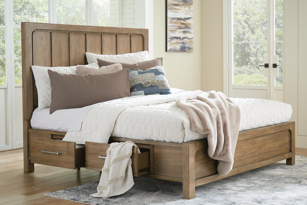 Cabalynn California King Panel Bed with Storage with Mirrored Dresser and Nightstand