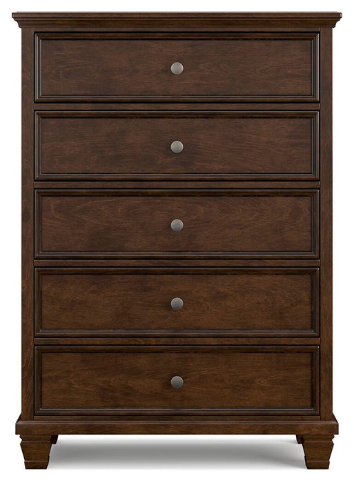 Danabrin California King Panel Bed with Mirrored Dresser, Chest and Nightstand
