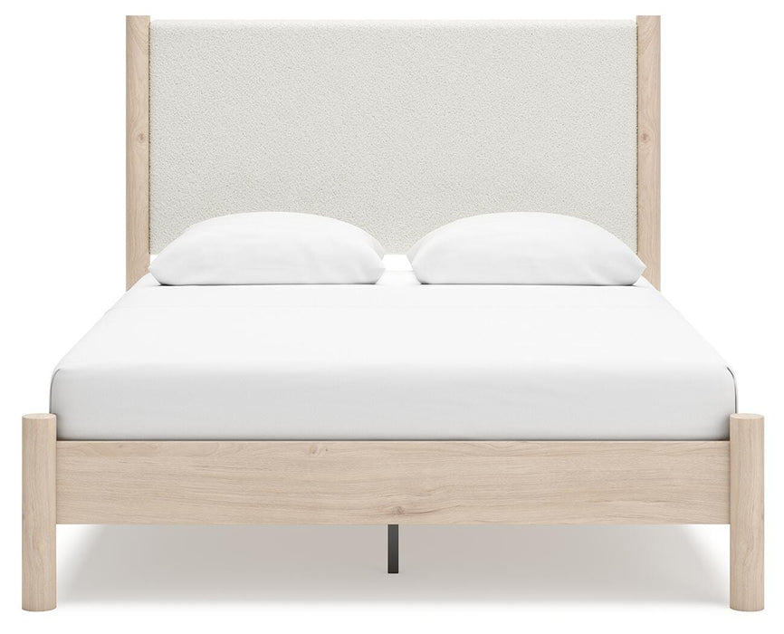 Cadmori Queen Upholstered Panel Bed with Mirrored Dresser and Nightstand