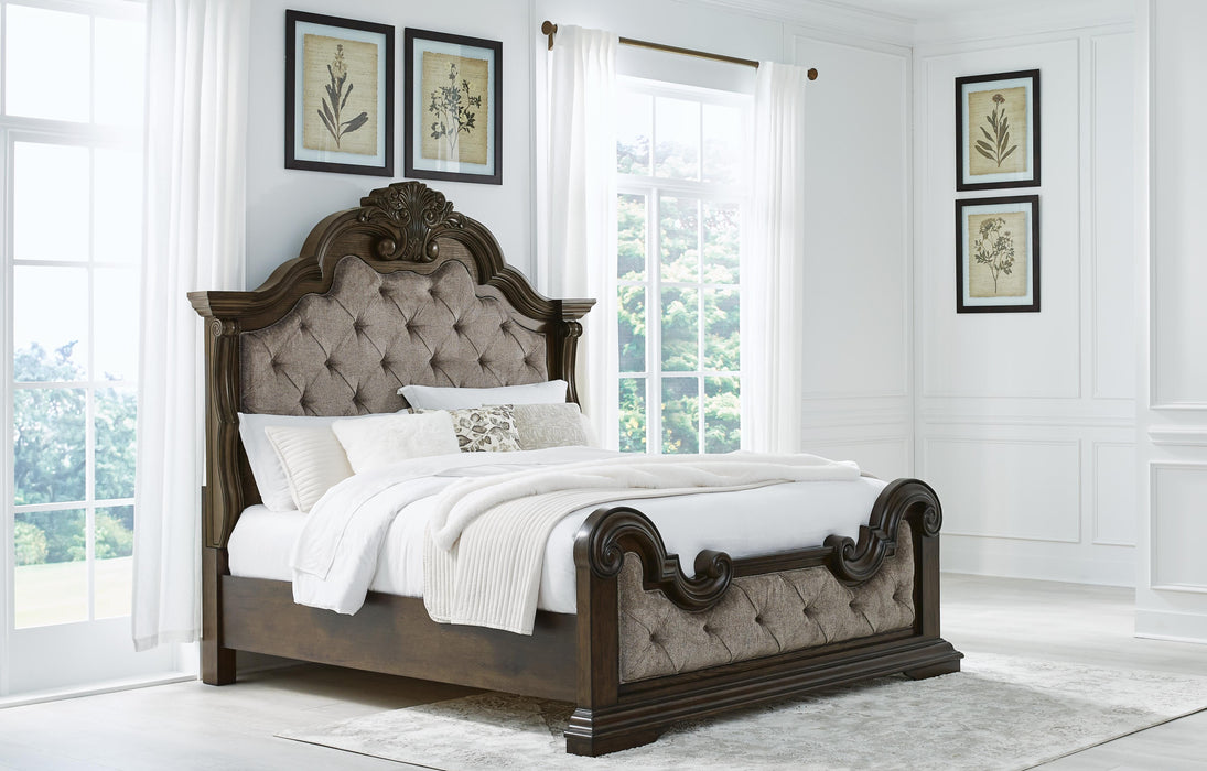 Maylee King Upholstered Bed, Dresser, Mirror, Chest and Nightstand