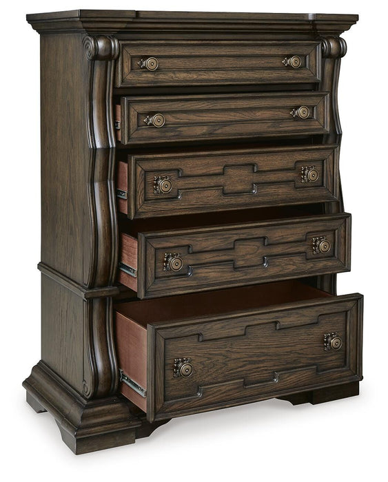 Maylee California King Upholstered Bed, Dresser, Mirror, Chest and Nightstand