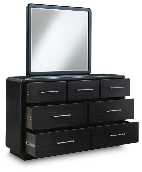 Rowanbeck Queen Upholstered Panel Bed with Mirrored Dresser, Chest and Nightstand