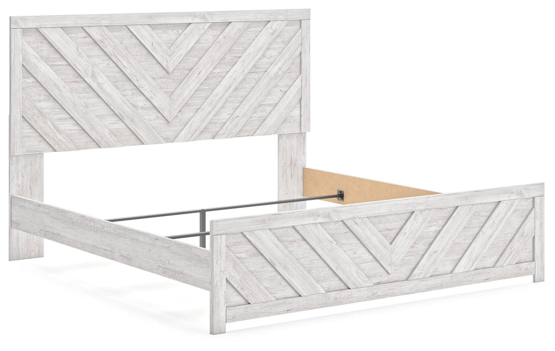 Cayboni King Panel Bed with Mirrored Dresser and Nightstand
