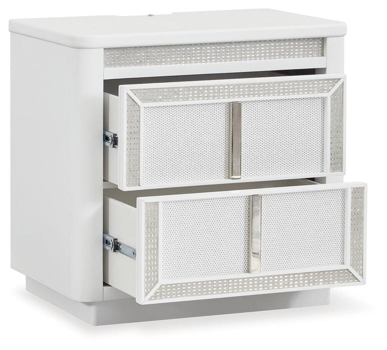 Chalanna California King Upholstered Storage Bed, Dresser, Mirror and Nightstand