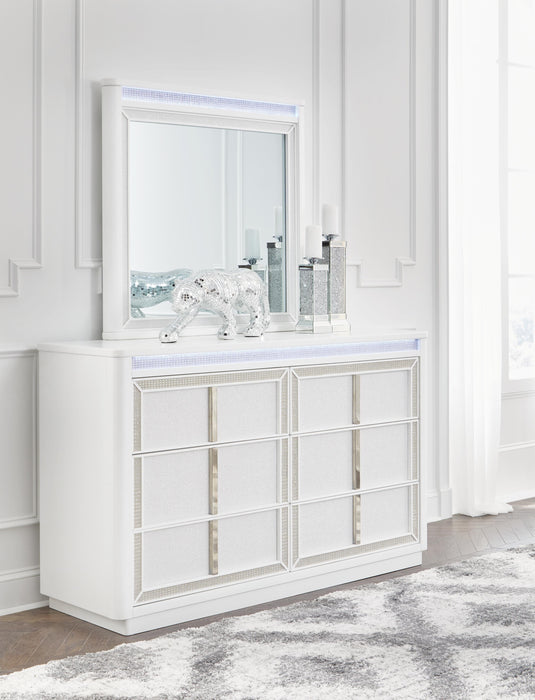 Chalanna California King Upholstered Storage Bed, Dresser, Mirror and Nightstand