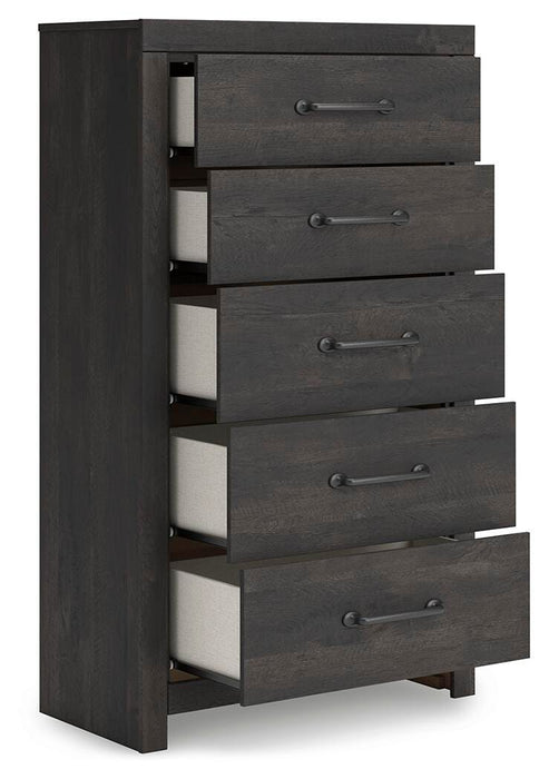 Hollivern King Panel Bed, Dresser, Mirror, Chest and Nightstand