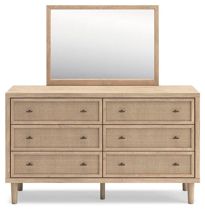 Cielden Queen Upholstered Bed with Roll Slats, Dresser, Mirror, Chest and Nightstand