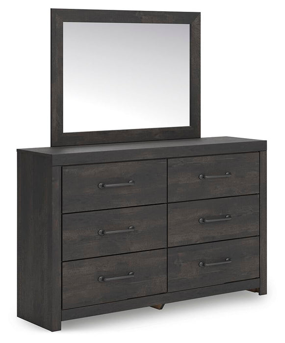 Delmorta Full Panel Bed with Storage, Dresser and Mirror