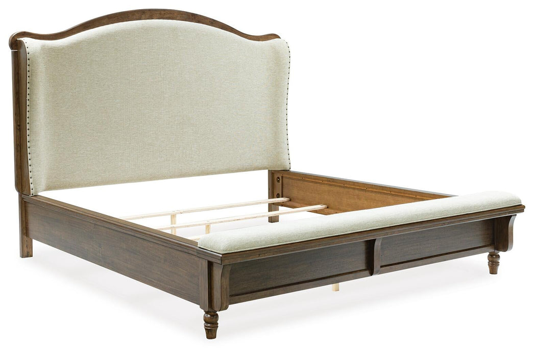 Sturlayne King Upholstered Panel Bed, Dresser, Mirror and Nightstand