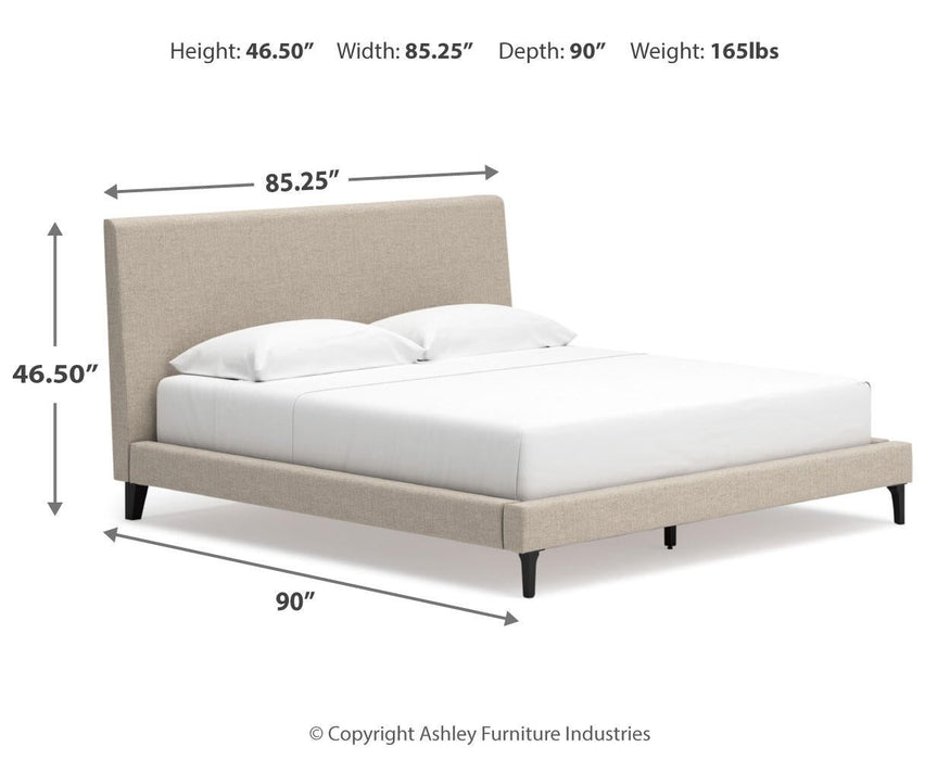 Cielden King Upholstered Bed with Roll Slats, Dresser and Mirror