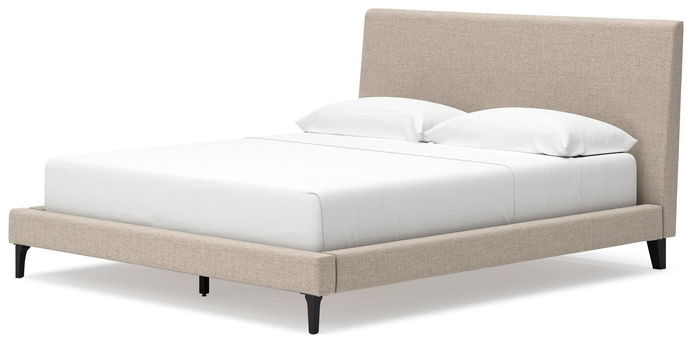 Cielden California King Upholstered Bed with Roll Slats, Dresser and Mirror